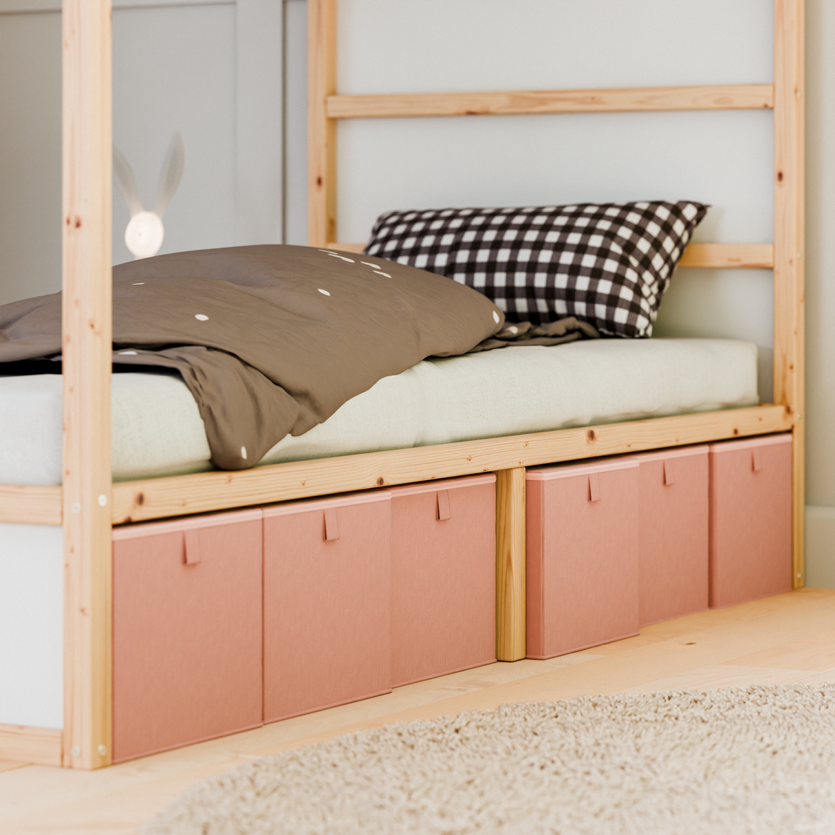 Box für IKEA Kura Bett, Unterbettkommode aus Cord Stoff, 90 x 32 x 27cm - Beige, Grün oder Rosa Rosa 6er Set + Mittelstütze Box Kiste Korb Clutter Cover