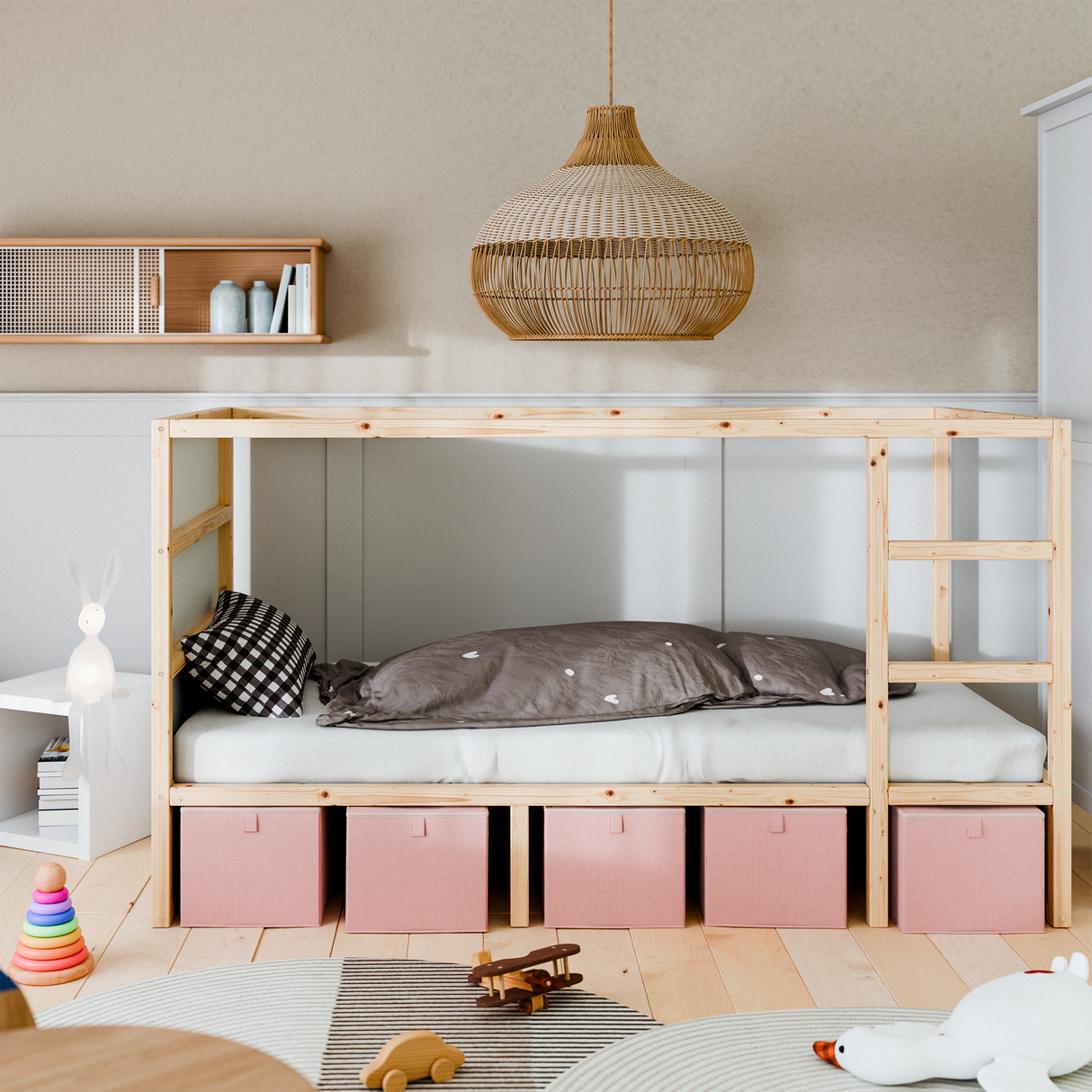 Box für IKEA Kura Bett, Unterbettkommode aus Cord Stoff, 90 x 32 x 27cm - Beige, Grün oder Rosa Rosa 5er Set + Mittelstütze Box Kiste Korb Clutter Cover