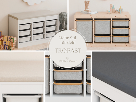 Stoffboxen für Trofast und Sitzauflagen in Beige und Grau als praktische Kinderzimmer-Lösung im IKEA Trofast-Regal