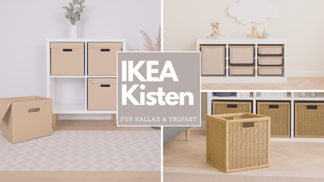 Verschiedene IKEA Kisten aus Pappe, Stoff und Rattan in weißen Regalsystemen Kallax und Trofast, stilvoll im Wohnzimmer arrangiert