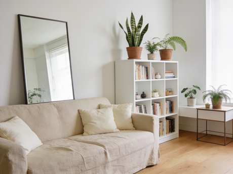 Ein helles Wohnzimmer. Mit einem Spiegel wirkt der Raum größer. Im Hintergrund ist ein regal mit Büchern und Pflanzen
