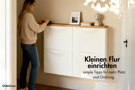 Schmaler weißer Schuhschrank im kleinen Flur, platzsparend zwischen Wohnungstür und Wand platziert