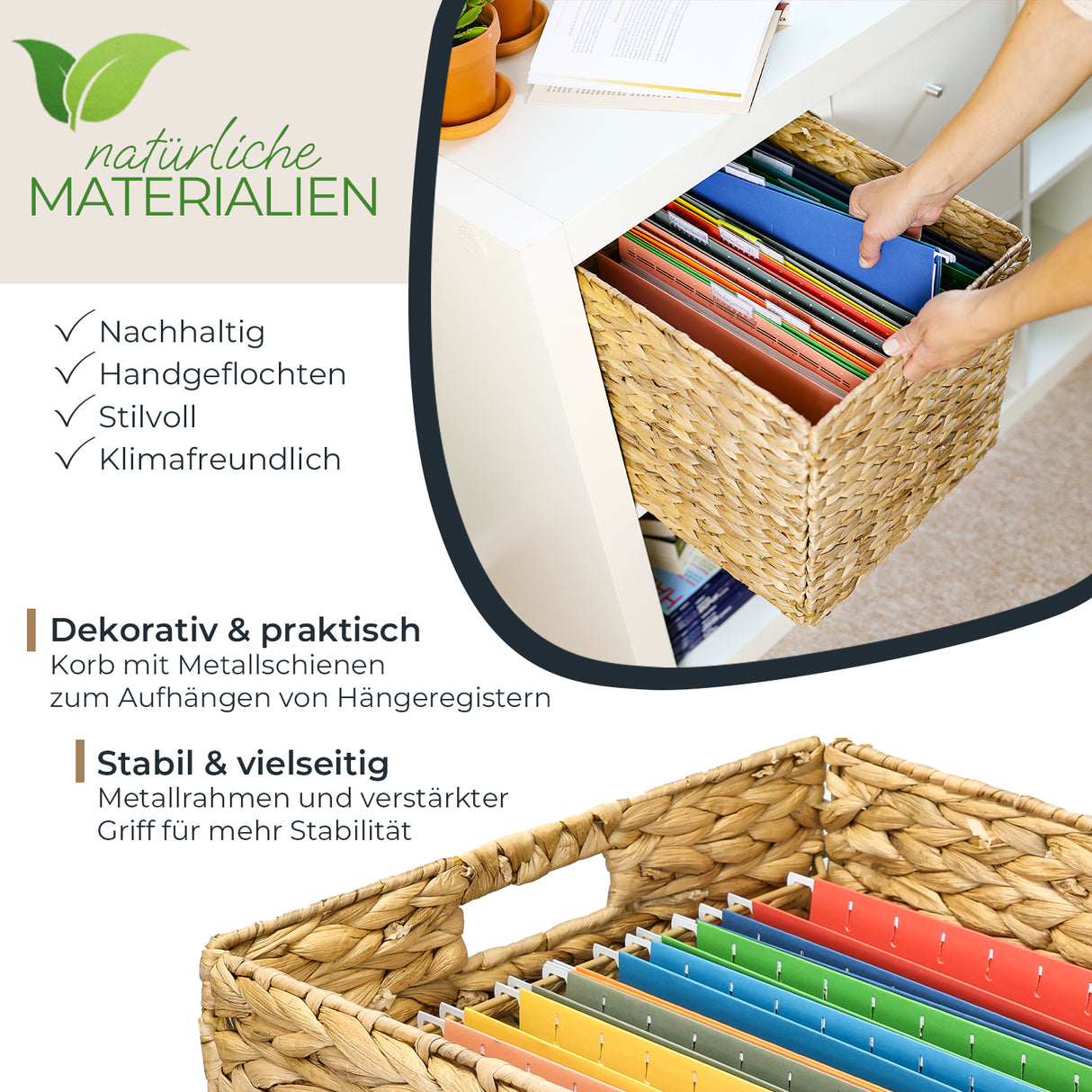 Kallax Korb aus Wasserhyazinthe für Hängeregister DIN A4, Flechtkorb für Hängemappen, 33 x 38 x 32cm Box Kiste Korb Clutter Cover