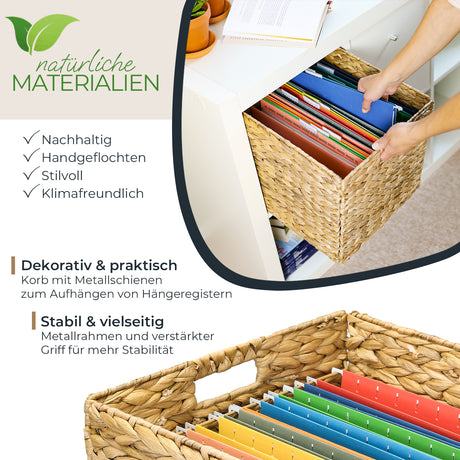 Kallax Korb aus Wasserhyazinthe für Hängeregister DIN A4, Flechtkorb für Hängemappen, 33 x 38 x 32cm Box Kiste Korb Clutter Cover