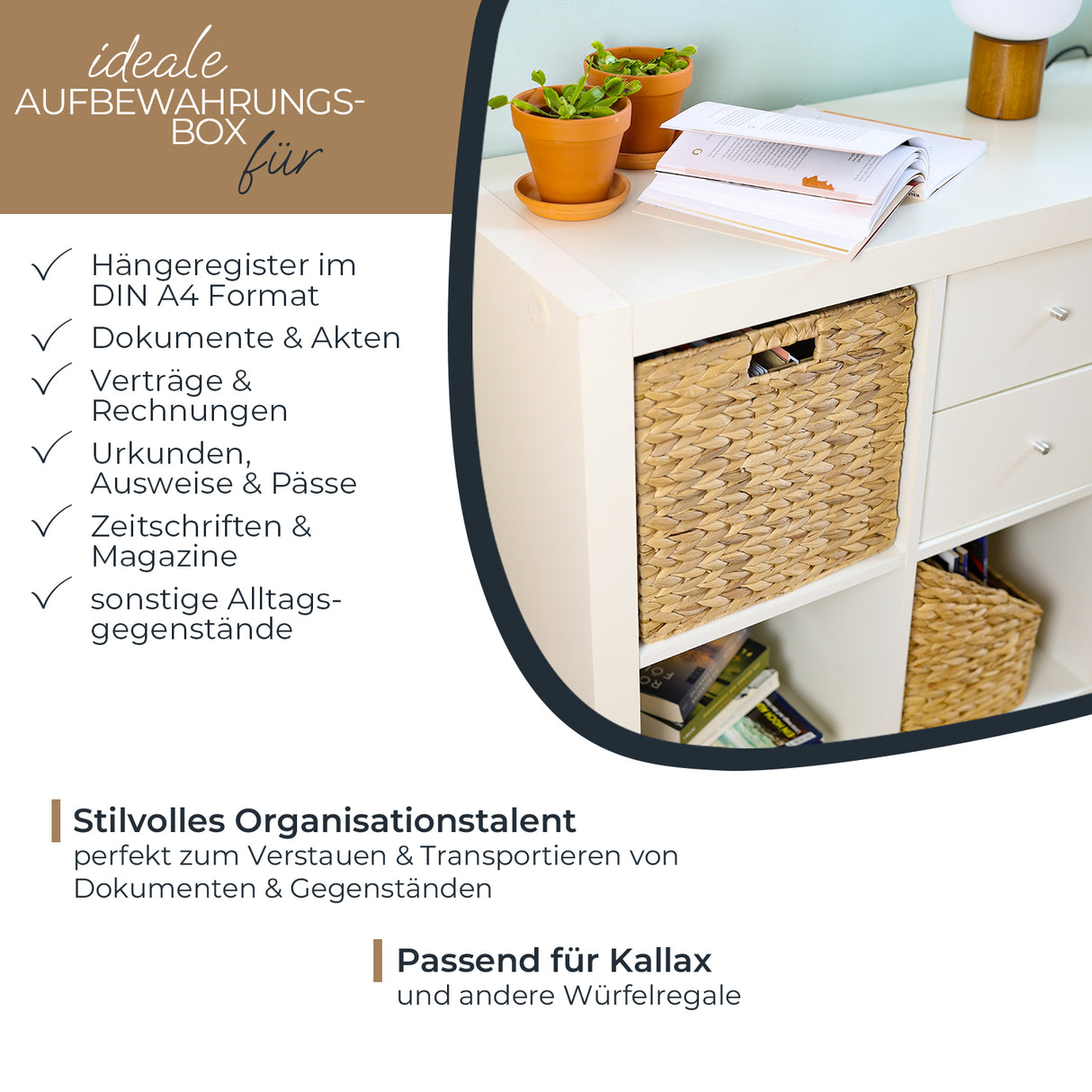 Kallax Korb aus Wasserhyazinthe für Hängeregister DIN A4, Flechtkorb für Hängemappen, 33 x 38 x 32cm Box Kiste Korb Clutter Cover