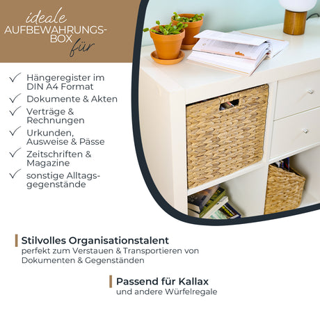 Kallax Korb aus Wasserhyazinthe für Hängeregister DIN A4, Flechtkorb für Hängemappen, 33 x 38 x 32cm Box Kiste Korb Clutter Cover