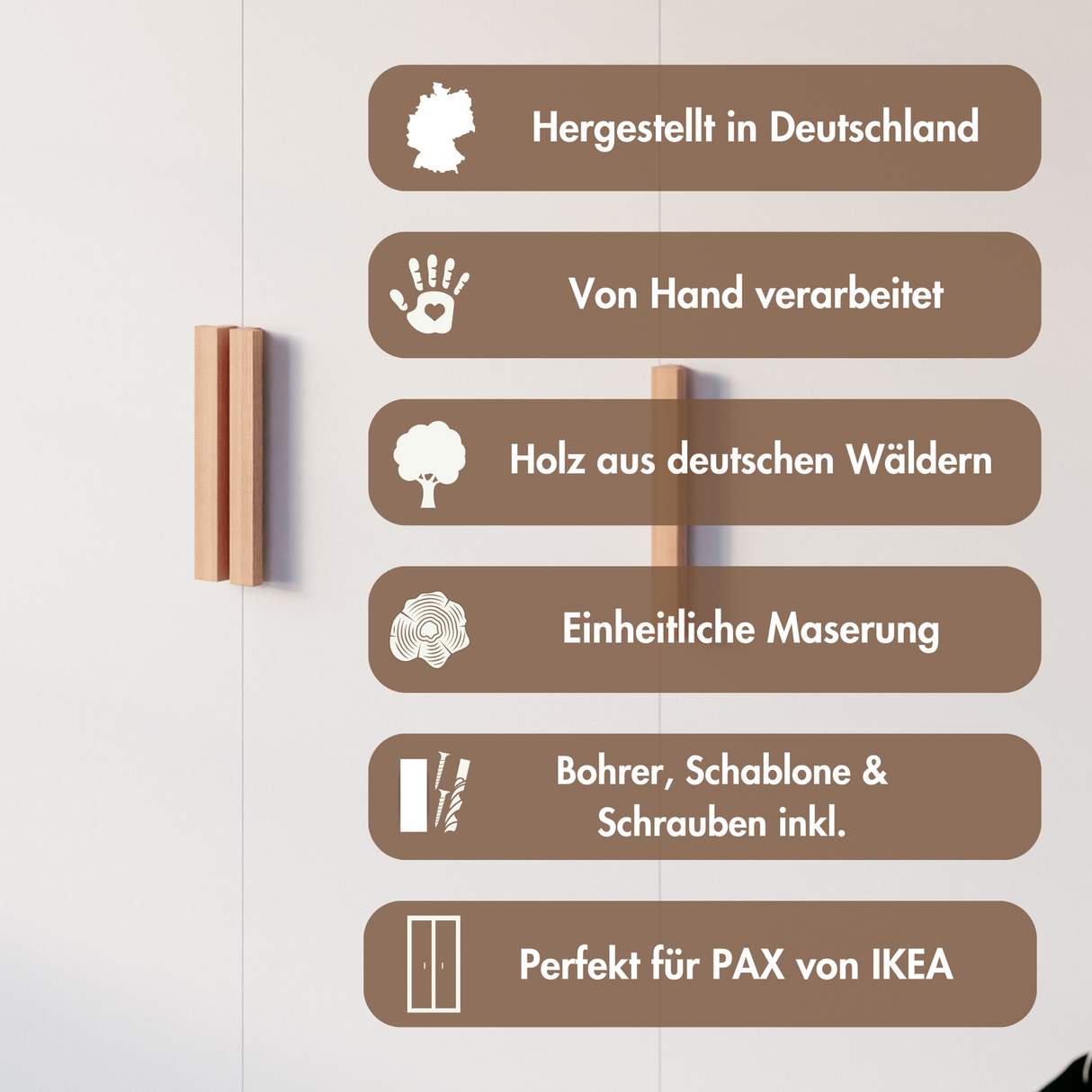 Griffe für PAX Türen, Holzgriffe aus Eiche für IKEA Kleiderschrank - Inkl. Schablone & Bohrer - Clutter Cover