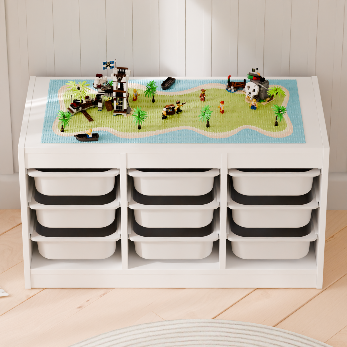 Bauplatte "Lillvik" für IKEA Trofast Regal Weiß & Kiefer, kompatibel mit LEGO® Steinen, XXL Spieltisch Grundplatte zum Aufkleben Trofast Grundplatte für Klemmbausteine Clutter Cover