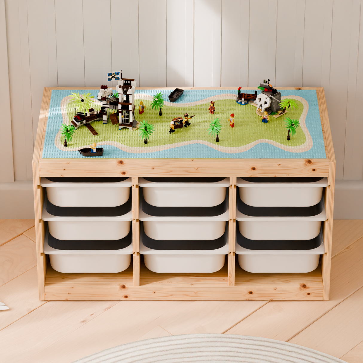 Bauplatte "Lillvik" für IKEA Trofast Regal Weiß & Kiefer, kompatibel mit LEGO® Steinen, XXL Spieltisch Grundplatte zum Aufkleben Trofast Grundplatte für Klemmbausteine Clutter Cover