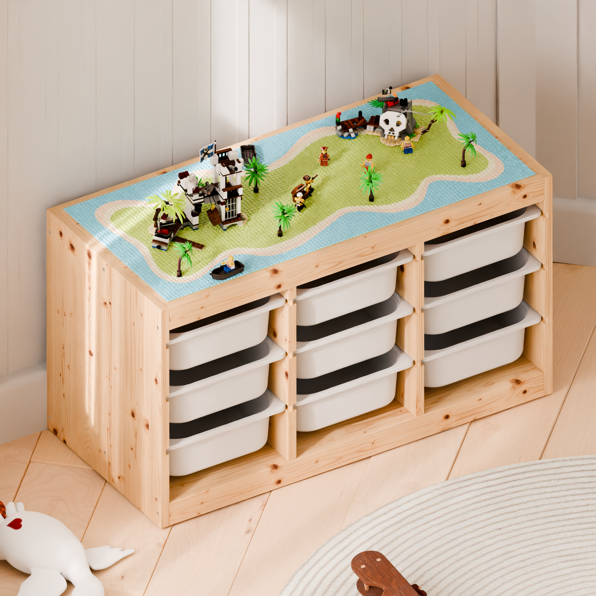 Bauplatte "Lillvik" für IKEA Trofast Regal Weiß & Kiefer, kompatibel mit LEGO® Steinen, XXL Spieltisch Grundplatte zum Aufkleben Trofast Grundplatte für Klemmbausteine Clutter Cover