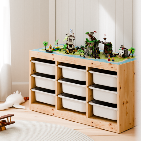 Bauplatte "Lillvik" für IKEA Trofast Regal Weiß & Kiefer, kompatibel mit LEGO® Steinen, XXL Spieltisch Grundplatte zum Aufkleben Trofast Grundplatte für Klemmbausteine Clutter Cover