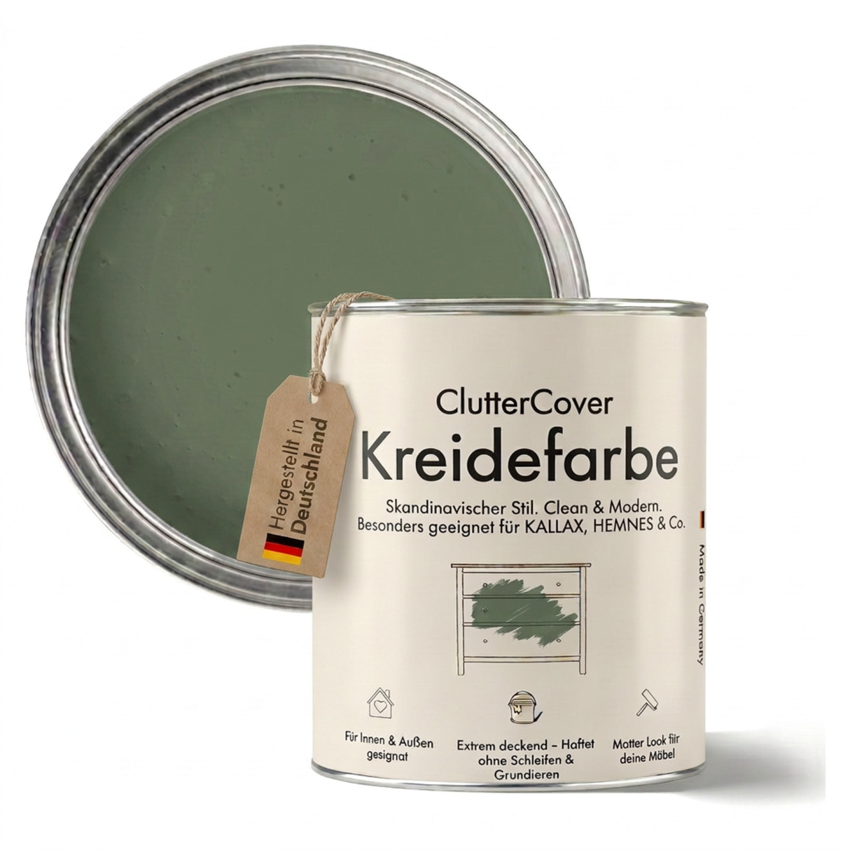 Möbelfarbe ohne Schleifen, Eukalyptus 750ml Kreidefarbe ideal für IKEA Möbel, Kreidelack für ca. 6m² Möbelfarbe Clutter Cover