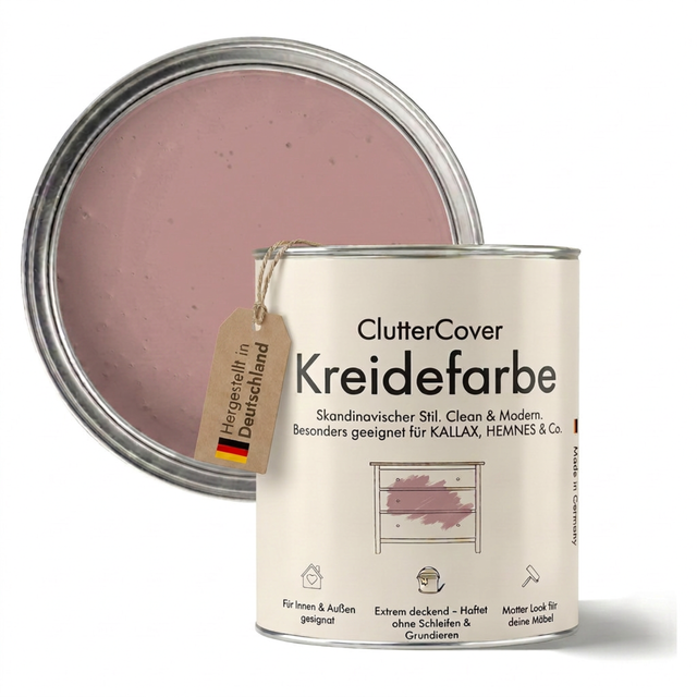 Möbelfarbe ohne Schleifen, Rosa 750ml Kreidefarbe ideal für IKEA Möbel, Kreidelack für ca. 6m² Möbelfarbe Clutter Cover