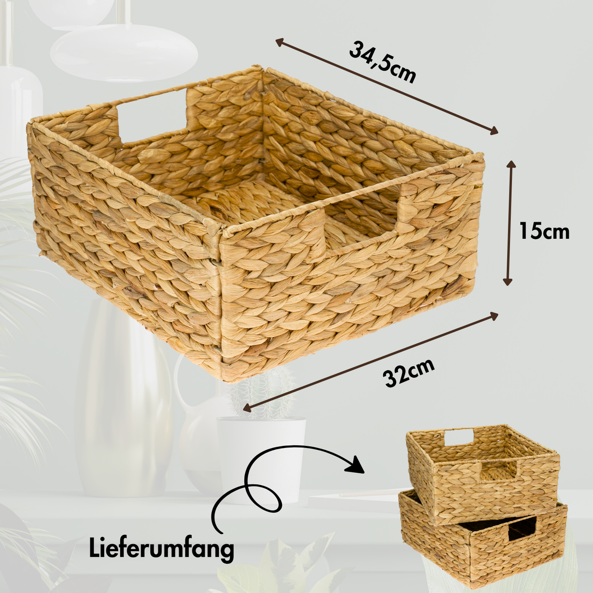 2er Set Korb aus Wasserhyazinthe 30 x 34 x 15cm für halbes Kallax Fach, Flechtkorb Kallax Einsatz Clutter Cover