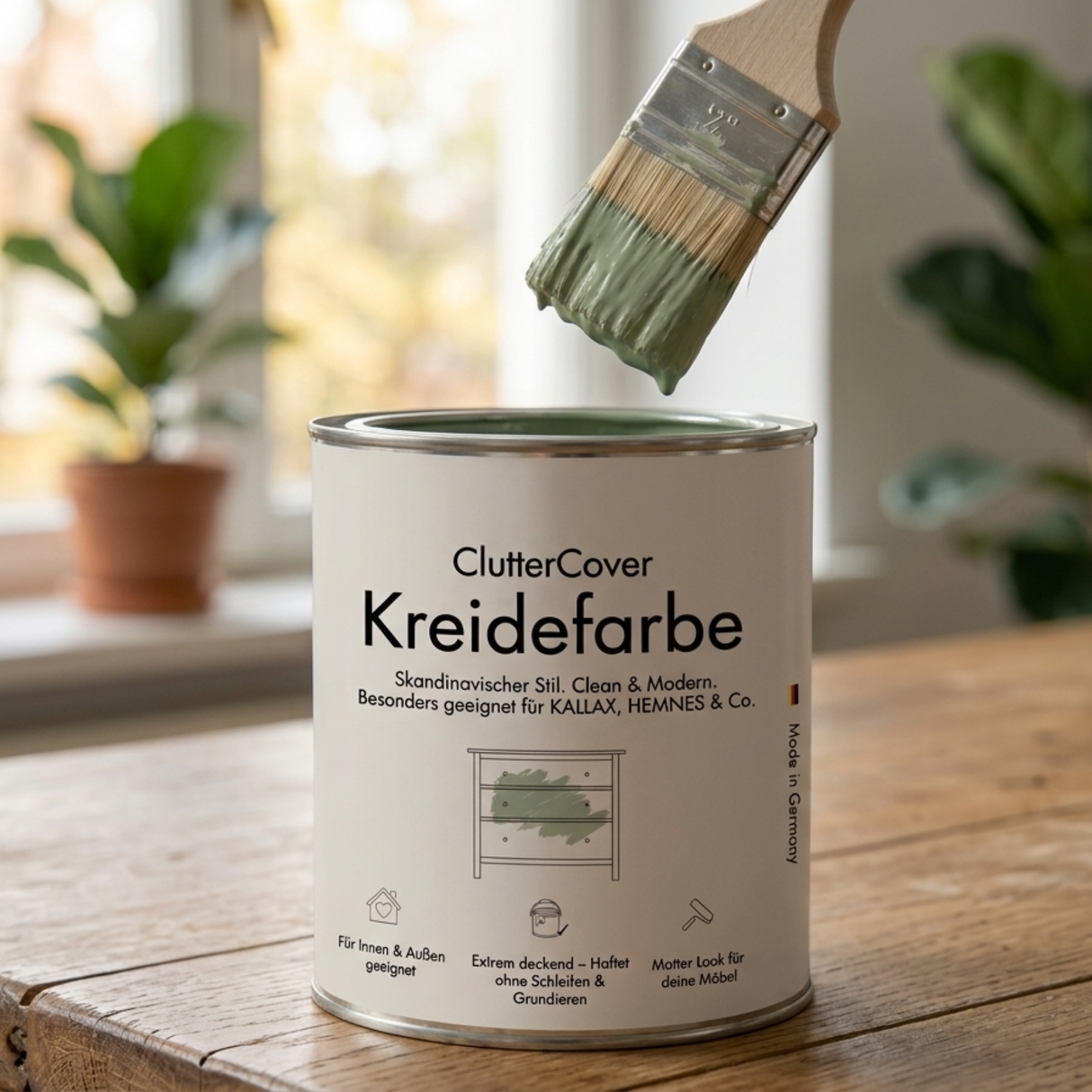 Möbelfarbe ohne Schleifen, Eukalyptus 750ml Kreidefarbe ideal für IKEA Möbel, Kreidelack für ca. 6m² Möbelfarbe Clutter Cover