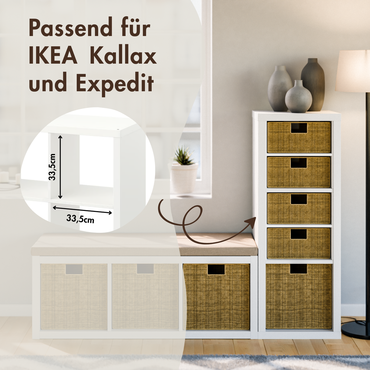 2er Set Korb aus Seegras 30 x 34 x 15cm für halbes Kallax Fach, Flechtkorb Kallax Einsatz Clutter Cover