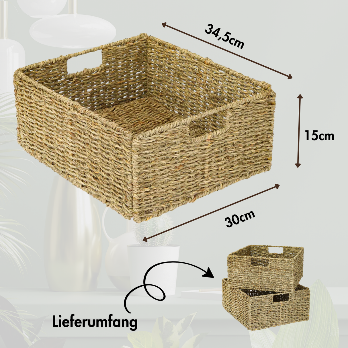 2er Set Korb aus Seegras 30 x 34 x 15cm für halbes Kallax Fach, Flechtkorb Kallax Einsatz Clutter Cover