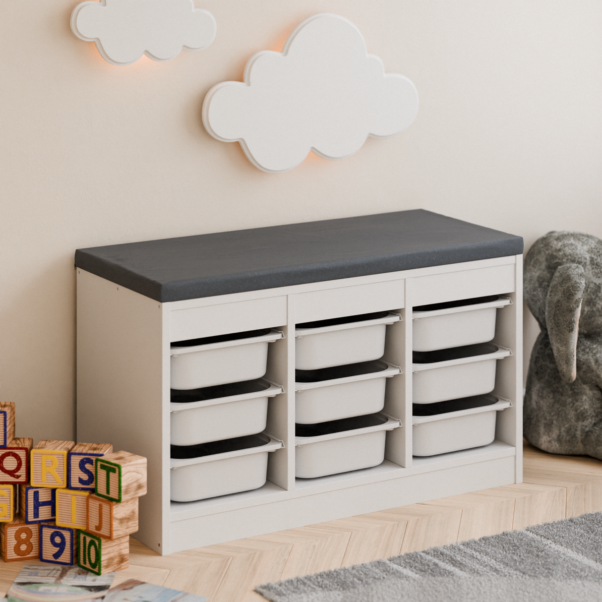 Sitzauflage für Ikea Trofast Regal in Grau oder Beige mit abnehmbarem Bezug Grau Sitzpolster Clutter Cover