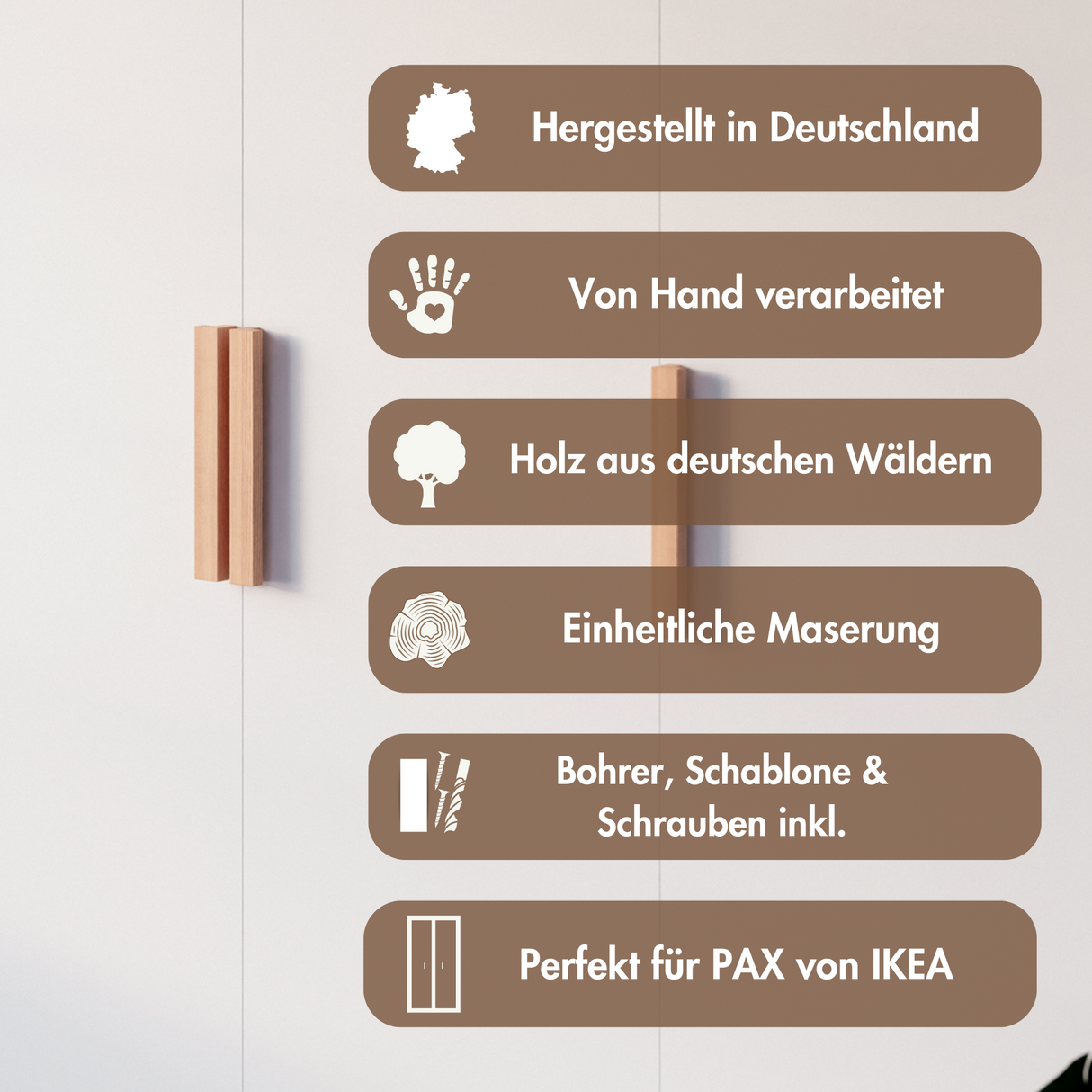 Griffe für PAX Türen, Holzgriffe aus Eiche für IKEA Kleiderschrank - Inkl. Schablone & Bohrer